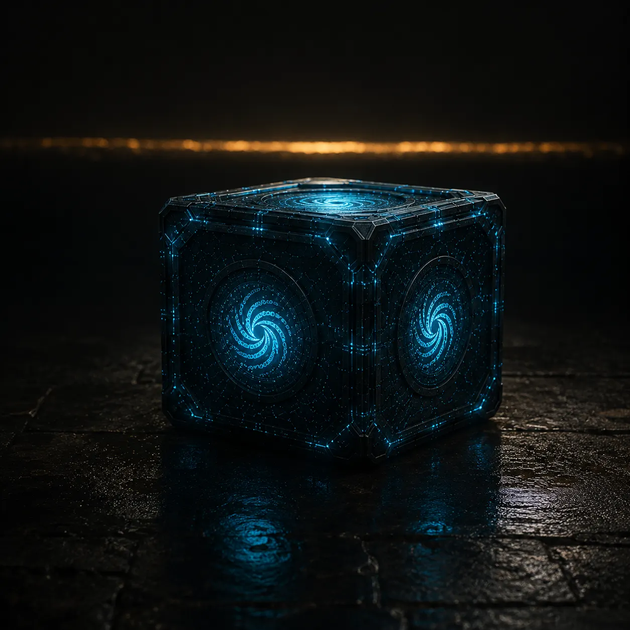 A Spinner cube on a stone threshold at twilight.