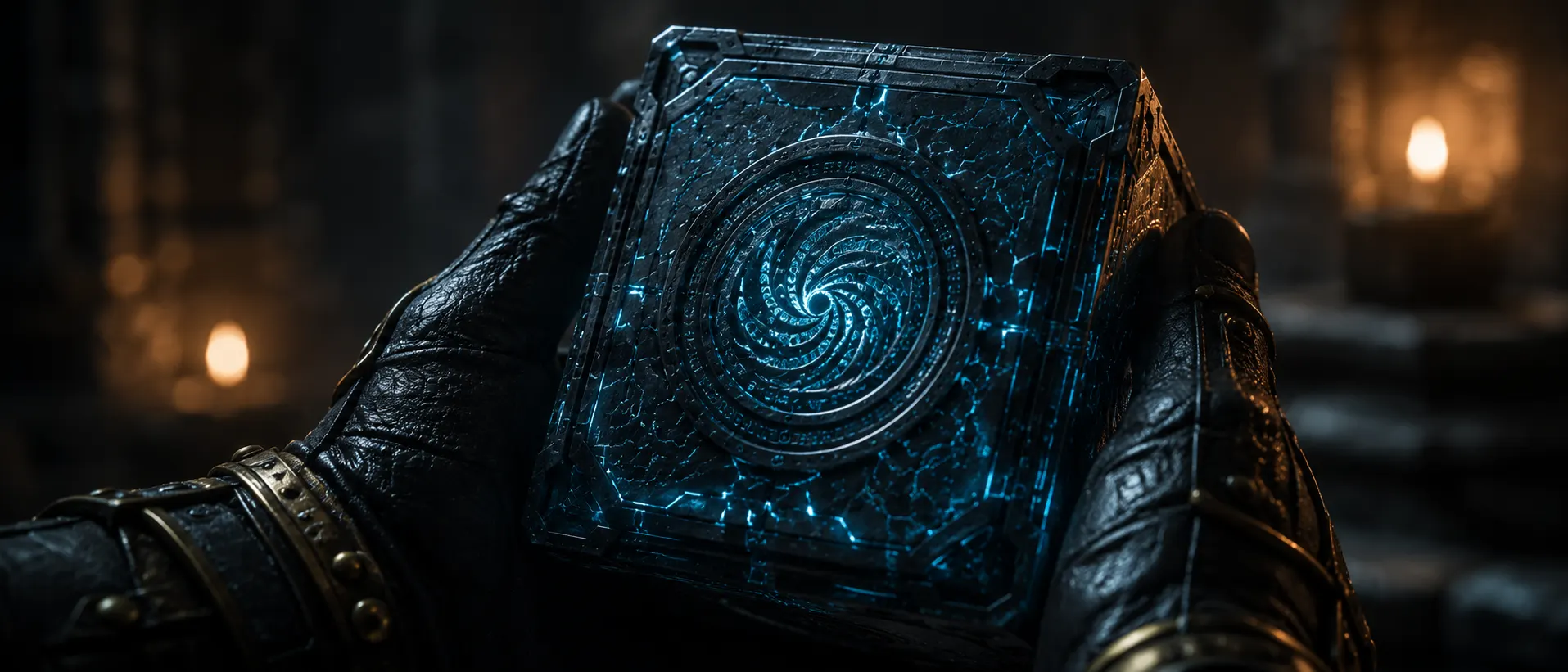 A Spinner cube held in two gloved gauntlet hands, a wax seal pressed into its front face.