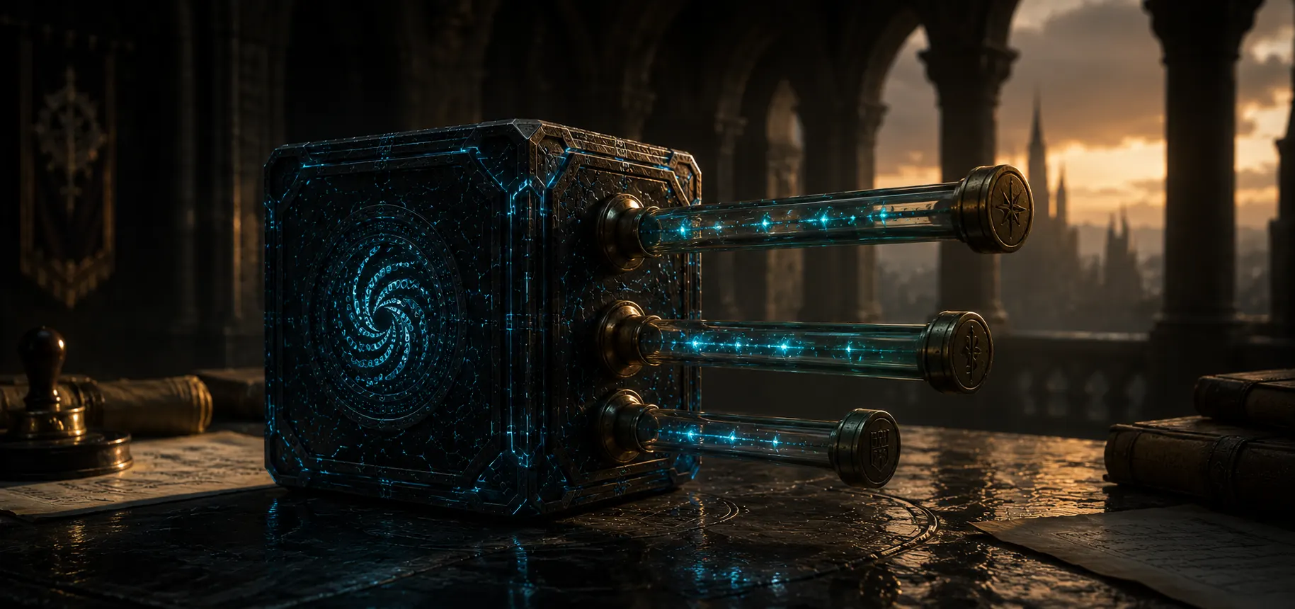 The Spinner cube with three brass speaking-tubes extending from one face, each carrying discrete cyan pulses of signal.