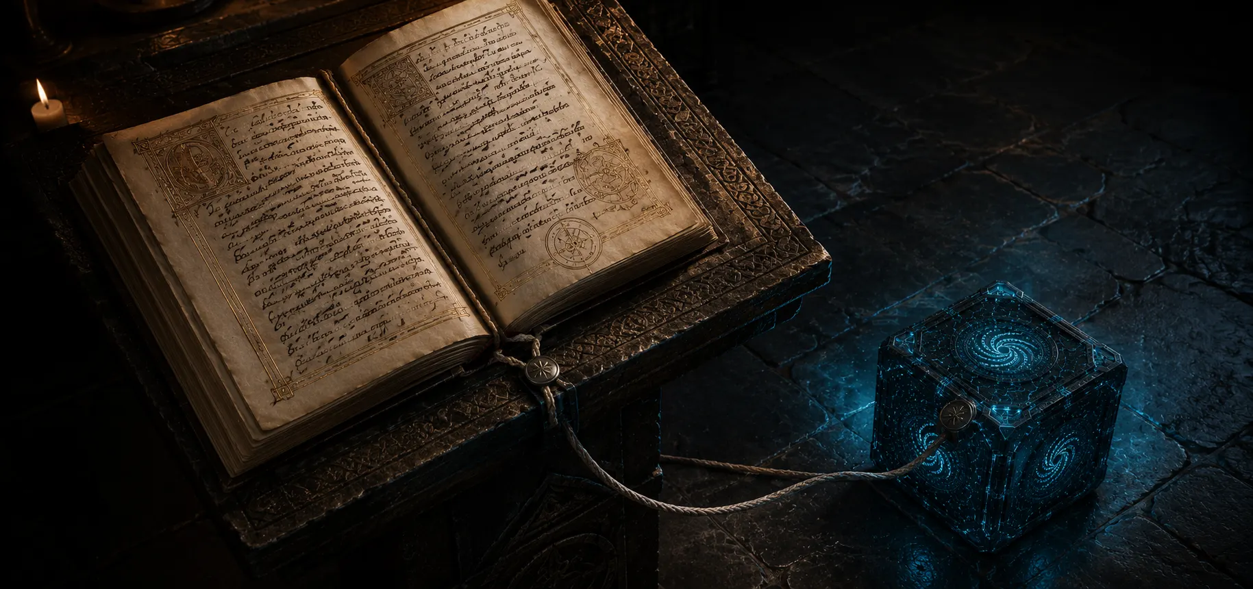 An open vellum codex on a stone lectern, a waxed linen cord running from the codex to the Spinner cube on the floor beside it.