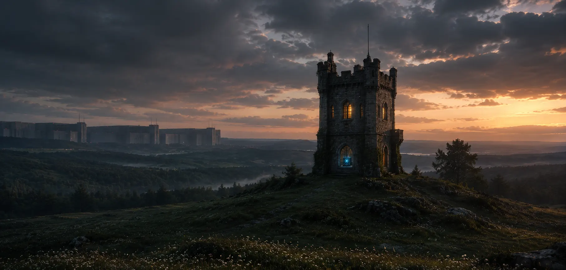 A stone keep on a high meadow at dusk, Spinner cube glowing faintly cyan through an arched window; a distant industrial complex on the far horizon.
