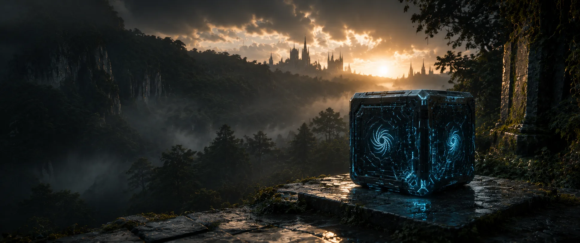 A Spinner cube on a stone threshold above a misted valley, gothic cathedrals silhouetted on the far ridge, amber sun setting behind.